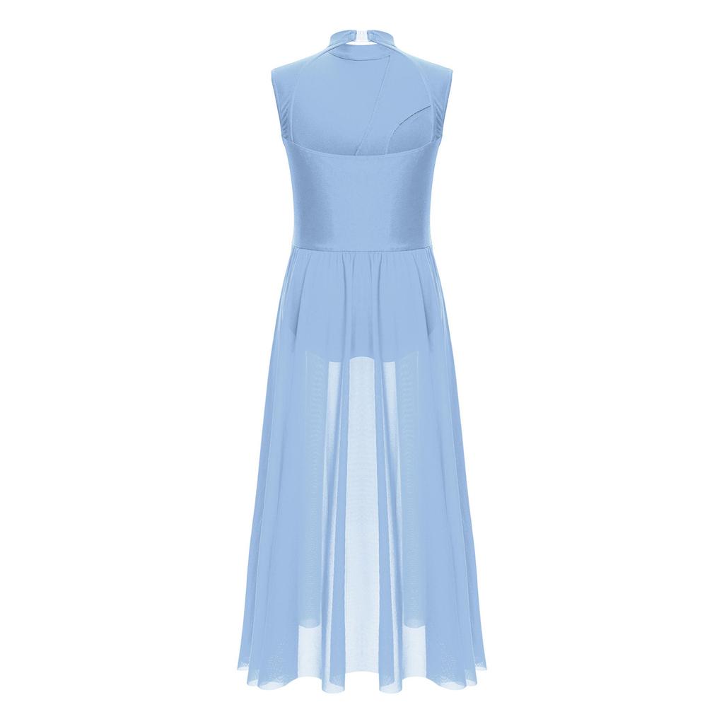 Kinder Mädchen Lyrisches Tanzkleid mit floralem Spitzen-Patchwork: Elegantes Stehkragen- und Cut-out-Rückendesign für Bühnenauftritte