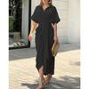 Women's fashion new lapel mid-length short-sleeved single-breasted high-waisted shirt skirt dress