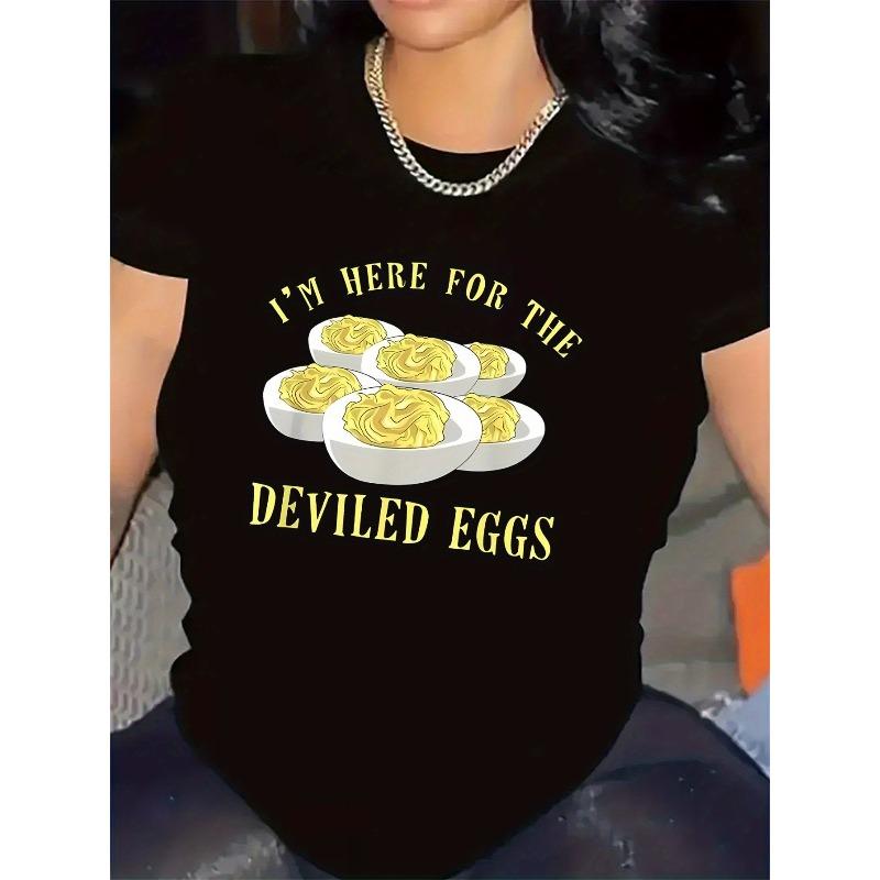 

Women s Deviled Eggs Print Tee Casual Short Sleeve Crew Neck Restaurant Top S чёрный