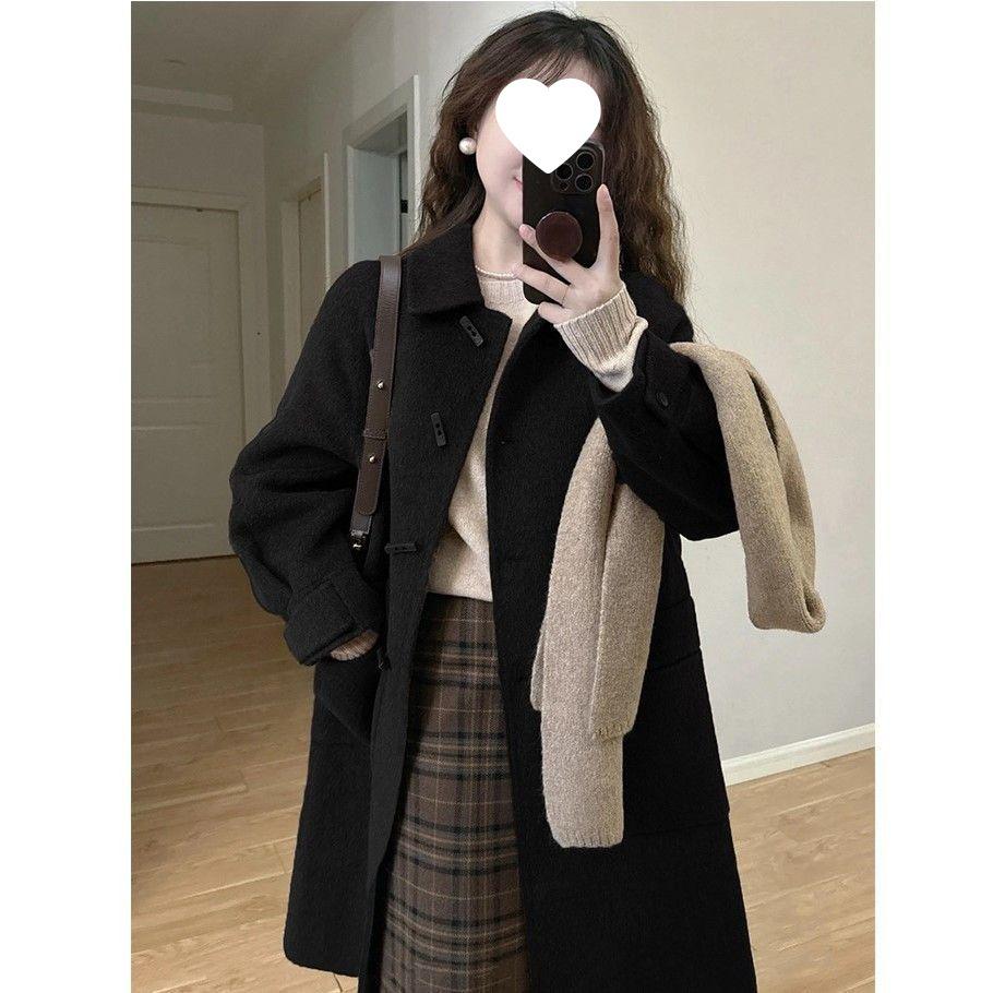 

Women s Mid-Length Wool Coat: Autumn/Winter Korean Style with Horn Buckle in Coffee Color XL (115-125 jin)