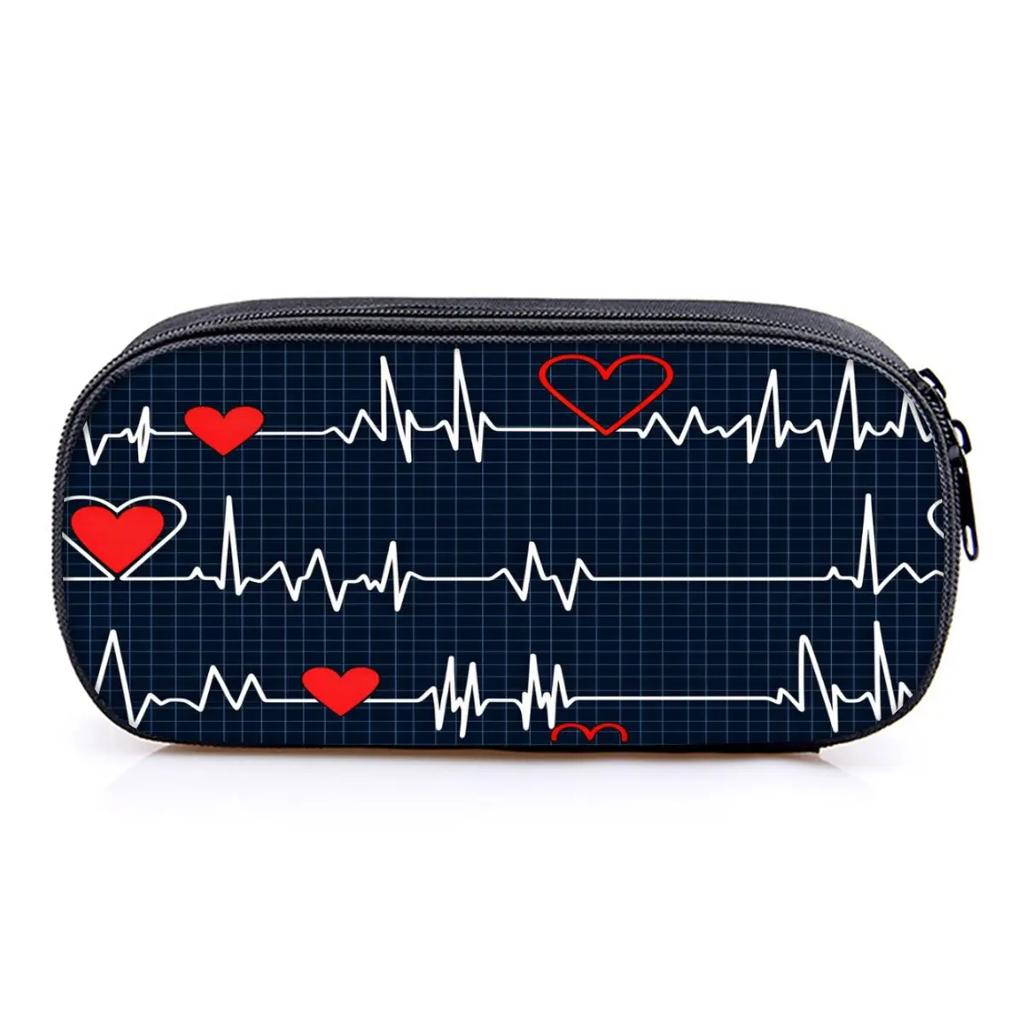 Electrocardiogram Print Fabric Layered Pencil Case & Pen Bag 3D Cartoon Design Best Gift for Boys/Girls School & Office Supplies