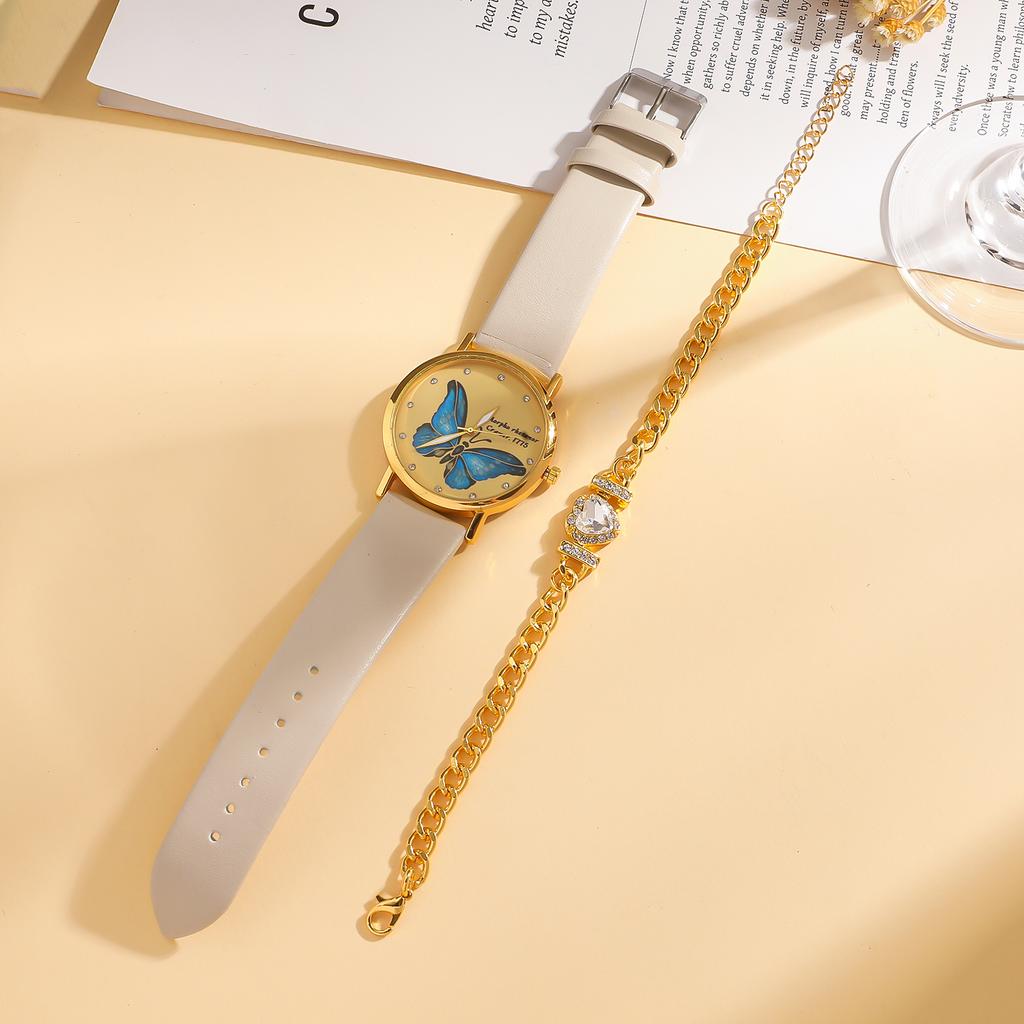 2-piece set of college style Korean style fashionable and versatile blue butterfly belt watch with bracelet without gift box