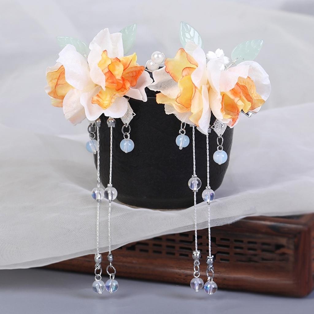1 Pair Vintage Hair Clips For Women Chinese Style Gauze Flower Tassel Hairpins Handmade Elegant Hanfu Floral Hair Accessories