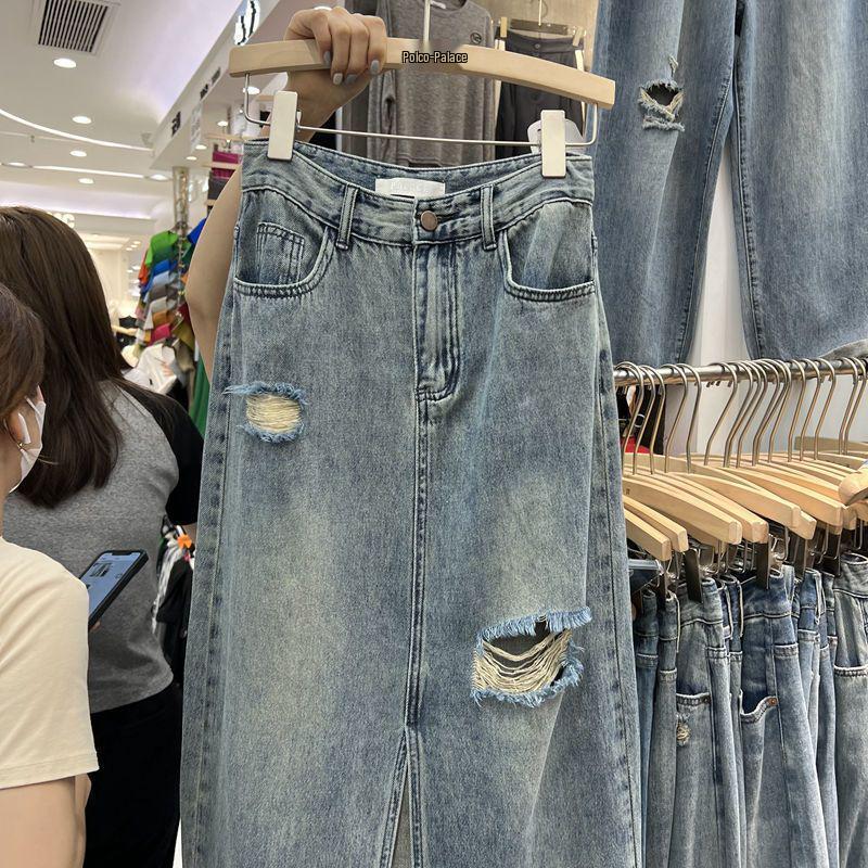 High-Waisted Distressed Denim Skirt: Mid-Length A-Line with Sexy Slit, Loose, Slimming, and Hip-Hugging.