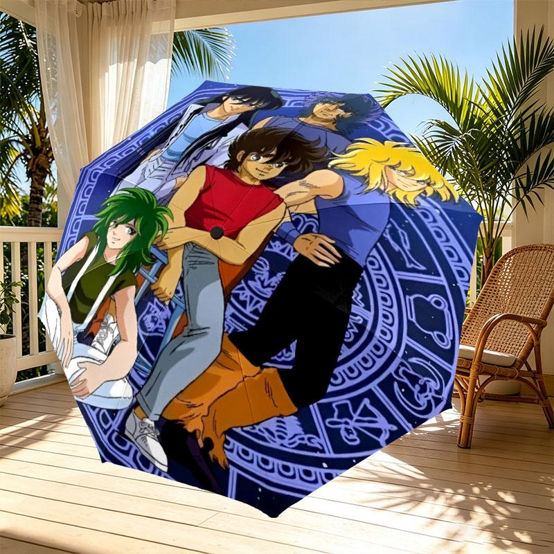 Saint Seiya Print Automatic Open Close Umbrella, Portable Foldable Umbrella, for Outdoor Commute Camping Trip, Ideal Birthday Gift