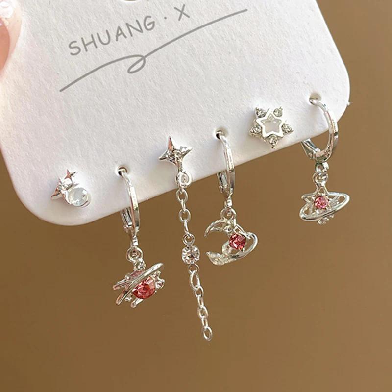 6PCS Y2K Punk Crystal Star Moon Pendant Earring Set For Women Girl Men Gothic Vintage Aesthetic Grunge Jewelry Ear Accessories