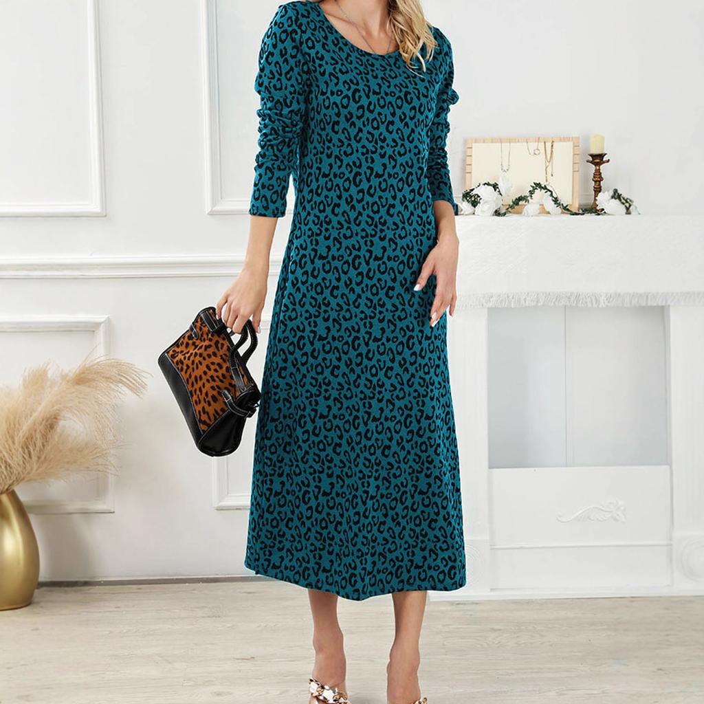 Woman Spring Fall Cocktal Dresses High Waisted Long Sleeves Leopard Printed Round-Neck Vintage Casual Ladies Maxi Dress