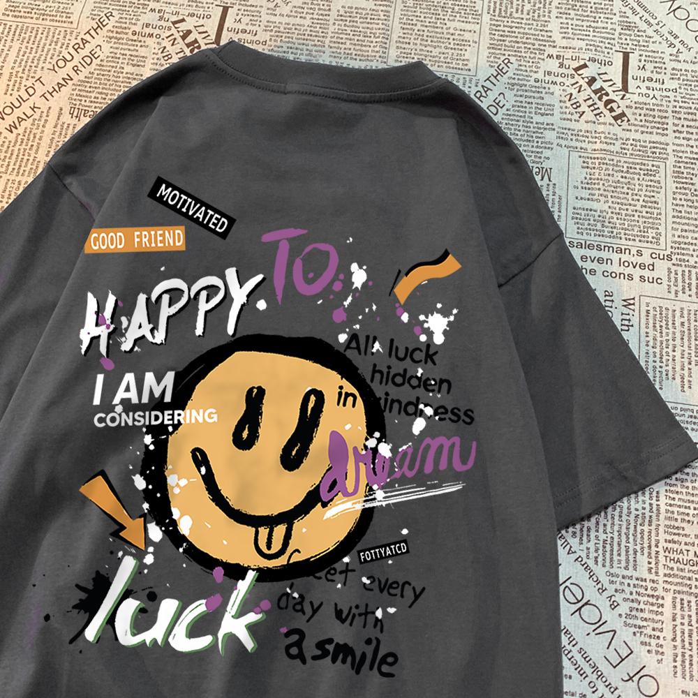 Happy To Dream Luck Smile Men Women T-Shirt High Quality Crewneck T Shirts Summer Loose Sportswear Cotton Breathable T Shirts