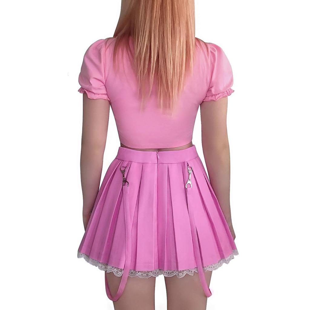 LittleForBig Women's Troublemaker A-Line Pleated Skirt with Lace Hem and Suspenders, Imitation Leather Mini Skirt, Pink, Size 4XL