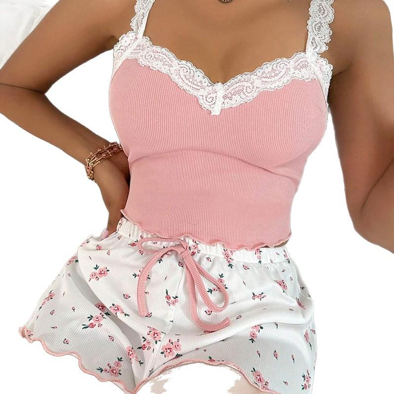 Cross-border Lace Camisole & Shorts Set - Comfortable Elastic Casual Wear for Women
