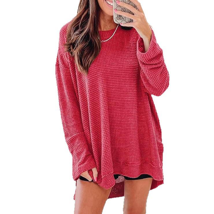 2025 European & American Waffle Knit Round Neck Long Sleeve Slit Solid Color Top for Women