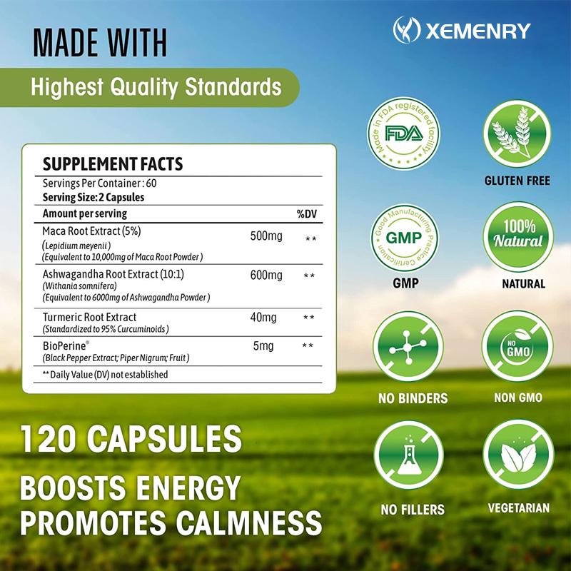 XEMENRY Maca Root, Ashwagandha Complex Capsules, Curcumin, Energy Support, Easily Absorbed