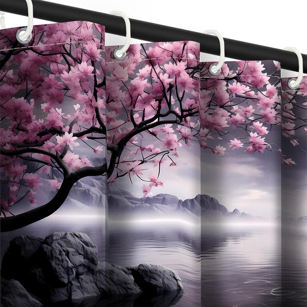 Japanese Shower Curtain Asian Cherry Blossom Bathroom Decor Mountain Bath Curtain, Waterproof Cloth Fabric With Hooks