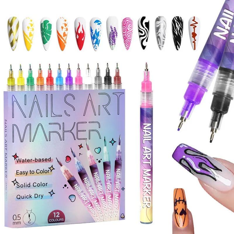 12Pcs/Set Nail Acrylic Graffiti Pen 12 Color Nail Marker Drawing DIY Beauty Nail Art Tools Waterproof and Quick Drying Nail Mark