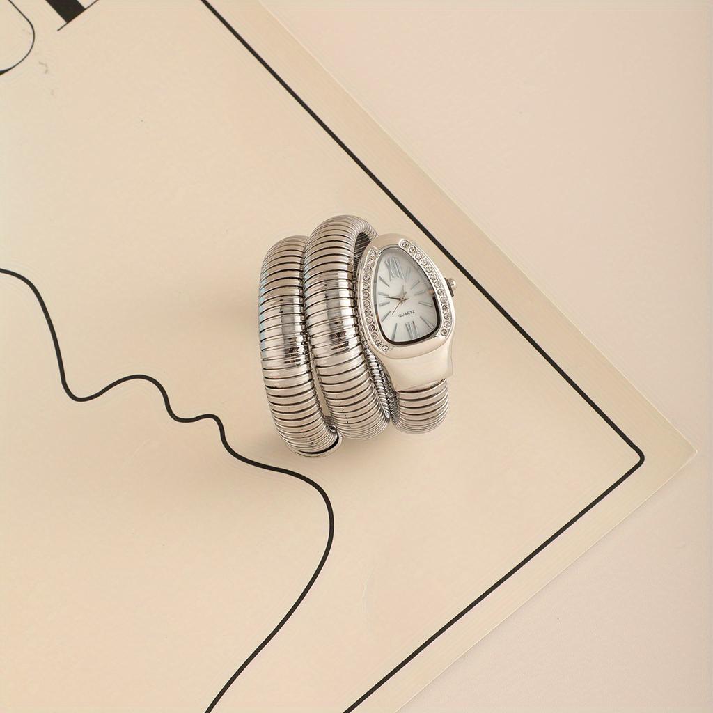 Elegant Snake-Shaped Quartz Wrist Watch for Women-Flexible Spring Band, Fashion Accessory, Snake Motif Design, Embellished Band