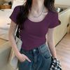 Burgundy Crew Neck Front Shoulder Short Sleeve T-Shirt Women's Summer New Korean Slim-fit Versatile Design Niche Top