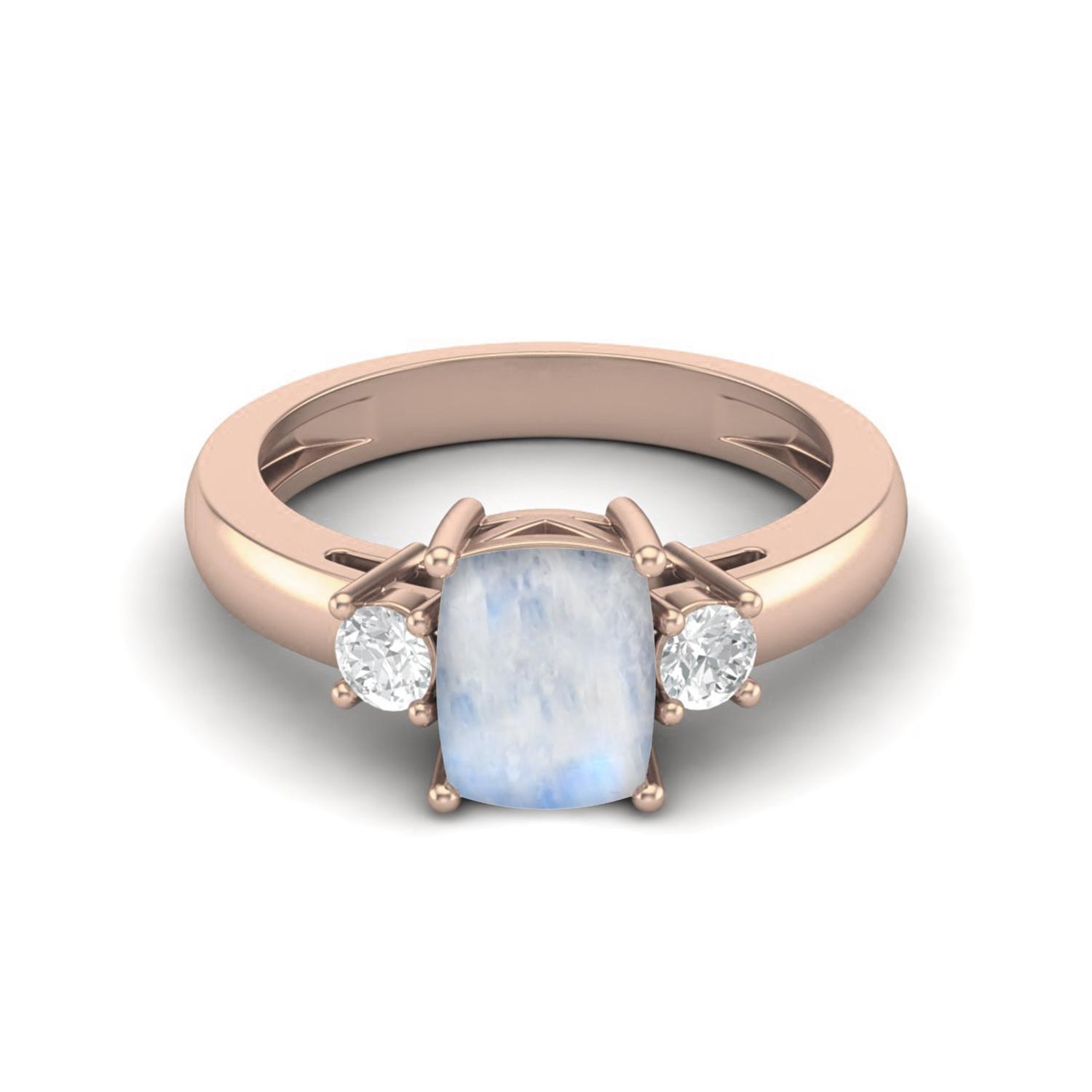 8X6 Cushion Shape Natural Moonstone Three Stone 925 Sterling Silver Rose Vermeil Women Engagement Ring 11 ярко-розовый