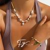 Retro Court Titanium Steel Necklace & Pearl Bracelet Set with Zircon Accents - Versatile Jewelry Collection