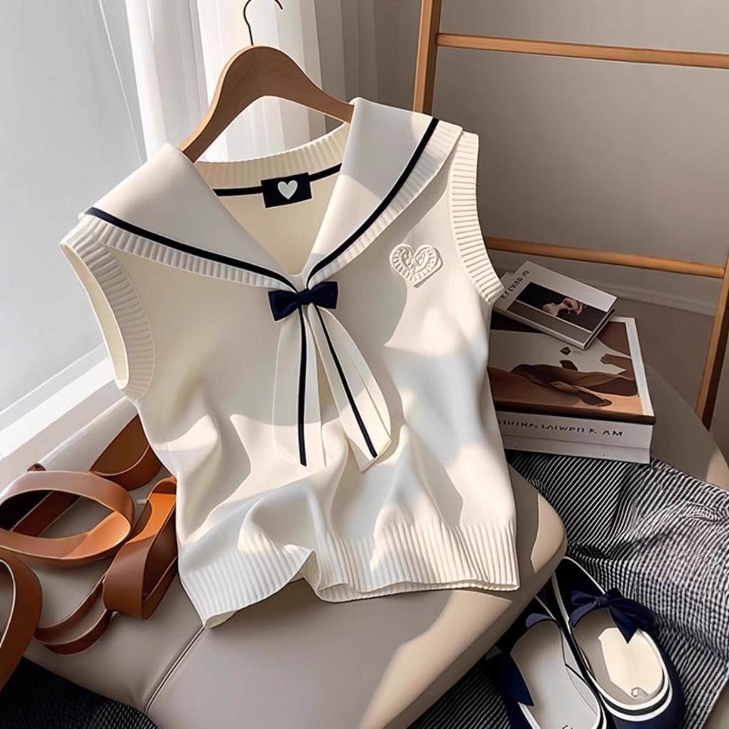 2025 Summer Milk White Knit Sailor Collar Bow Vest - Korean Style Women's Tank Top