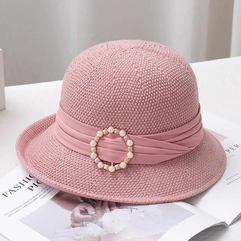 New Pearl Women's Sun Hat Breathable Refreshing Hat Summer Travel Sunscreen Sun Ribbon Decoration Foldable Straw Hat Gift