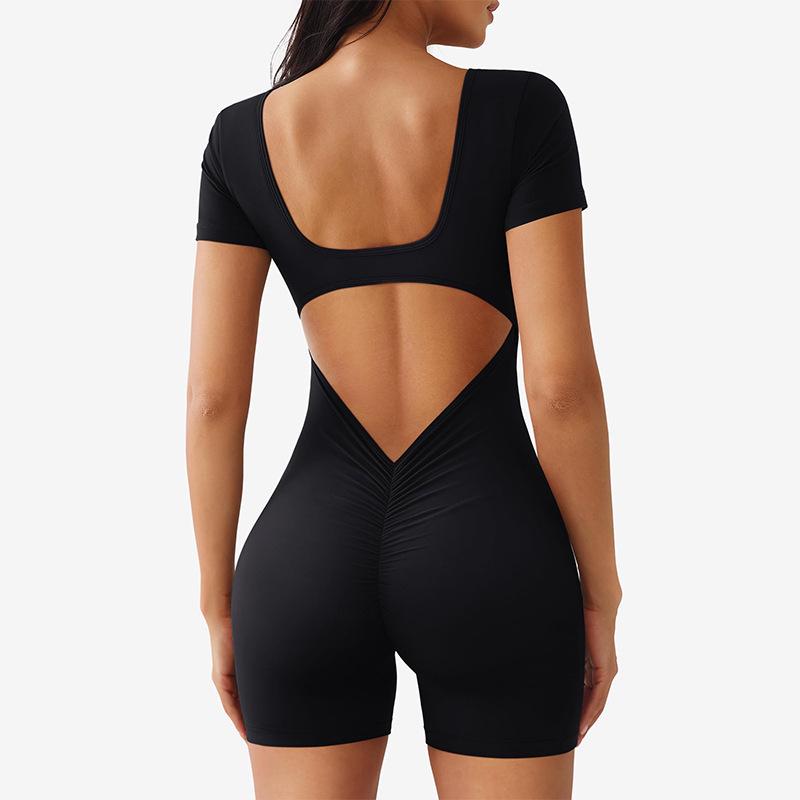 Damen Quick-Dry Yoga-Jumpsuit mit quadratischem Ausschnitt, kurzen Ärmeln & Cut-Out am Rücken