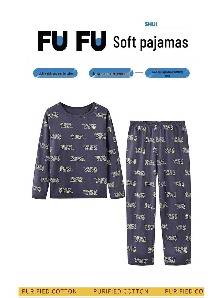Boys' Long Sleeve Cotton Pajama Set for Summer with Air Conditioning Suit