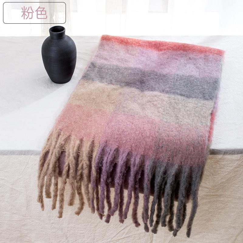 Autumn and winter European and American color matching AC imitation cashmere thick fringed scarf rainbow plaid mohair warm female student plus