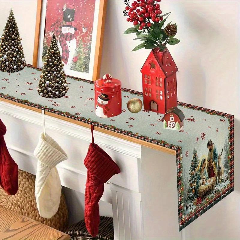 1Pc Christmas Table Runner - Festive Holiday Design With Nativity Scene, Snowflakes & Red Berries,Perfect For Home Kitchen Decor