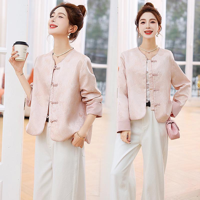 2025 Women's Spring Jacquard Color Block Retro Jacket with Frog Buttons