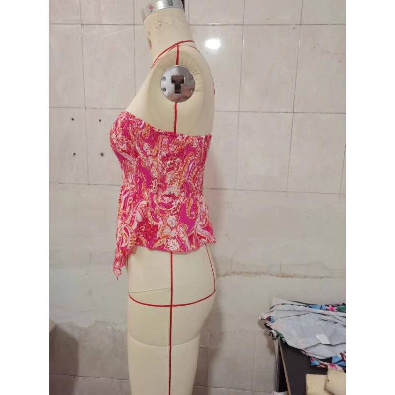 Letní móda Sexy horká holka Bez rukávů Tílko S plisovaným pasem Obepínající postavu Květinové Odhalující ramena Dámské halenky a košile