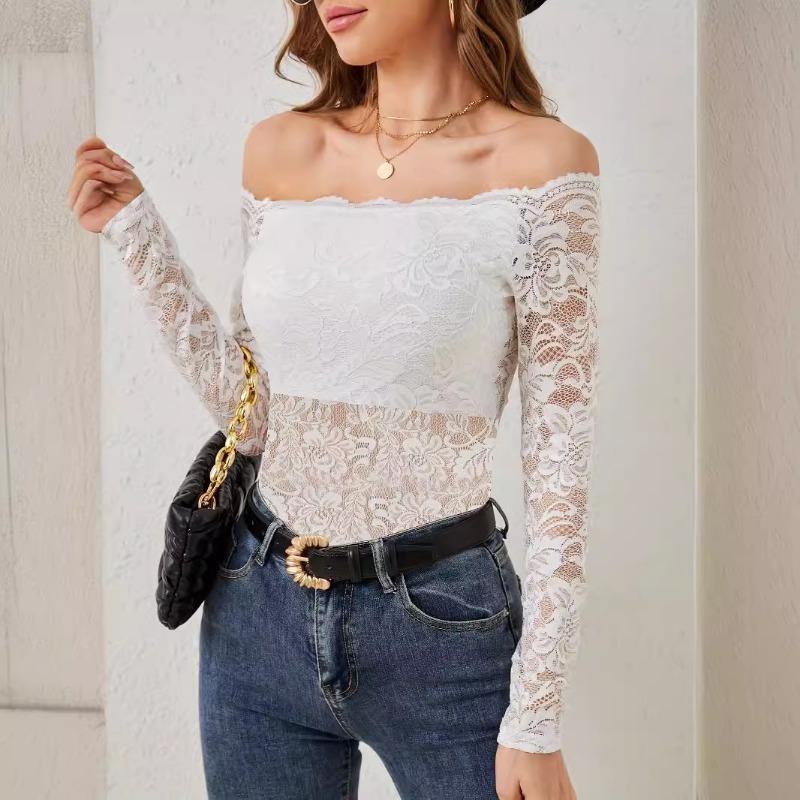 Pure Desire Spice One Line Neck Lace Top Women's New Sexy Slim V-neck with Elegant Off-the-shoulder Long Sleeve T-shirt
