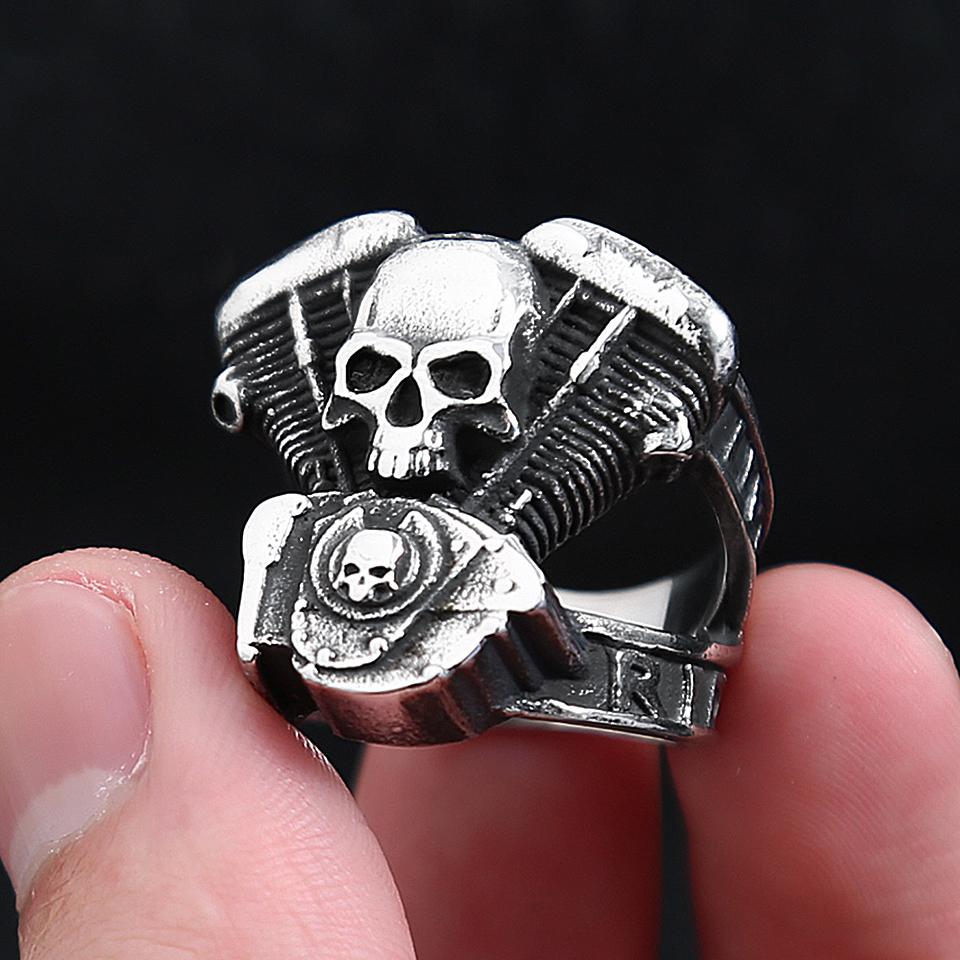 Fashion Vintage Steampunk Motorcycle Engine Skull Rings For Men 316L Stainless Steel Biker Hip Hop Jewelry Gifts