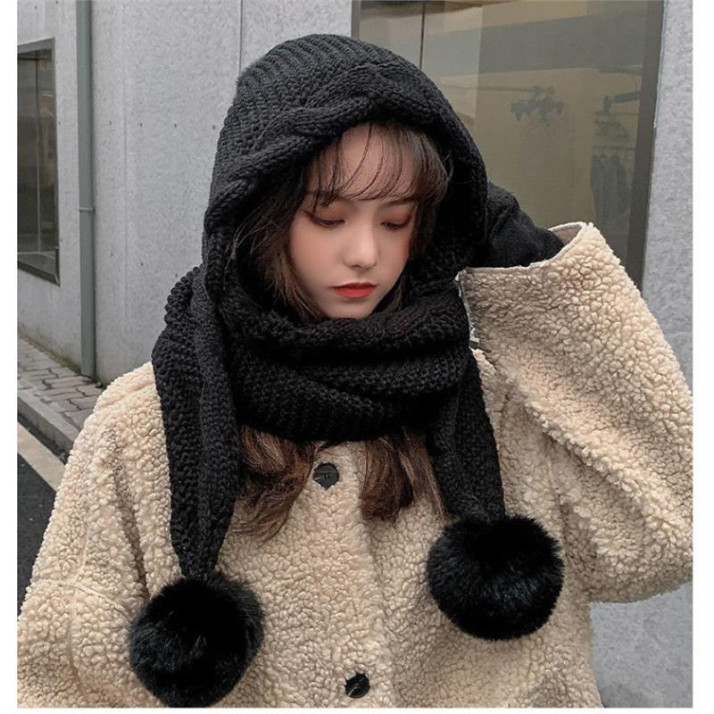 Wool hat women's autumn and winter versatile scarf integrated hat cute hairball ear protector thickened warm knitted hat