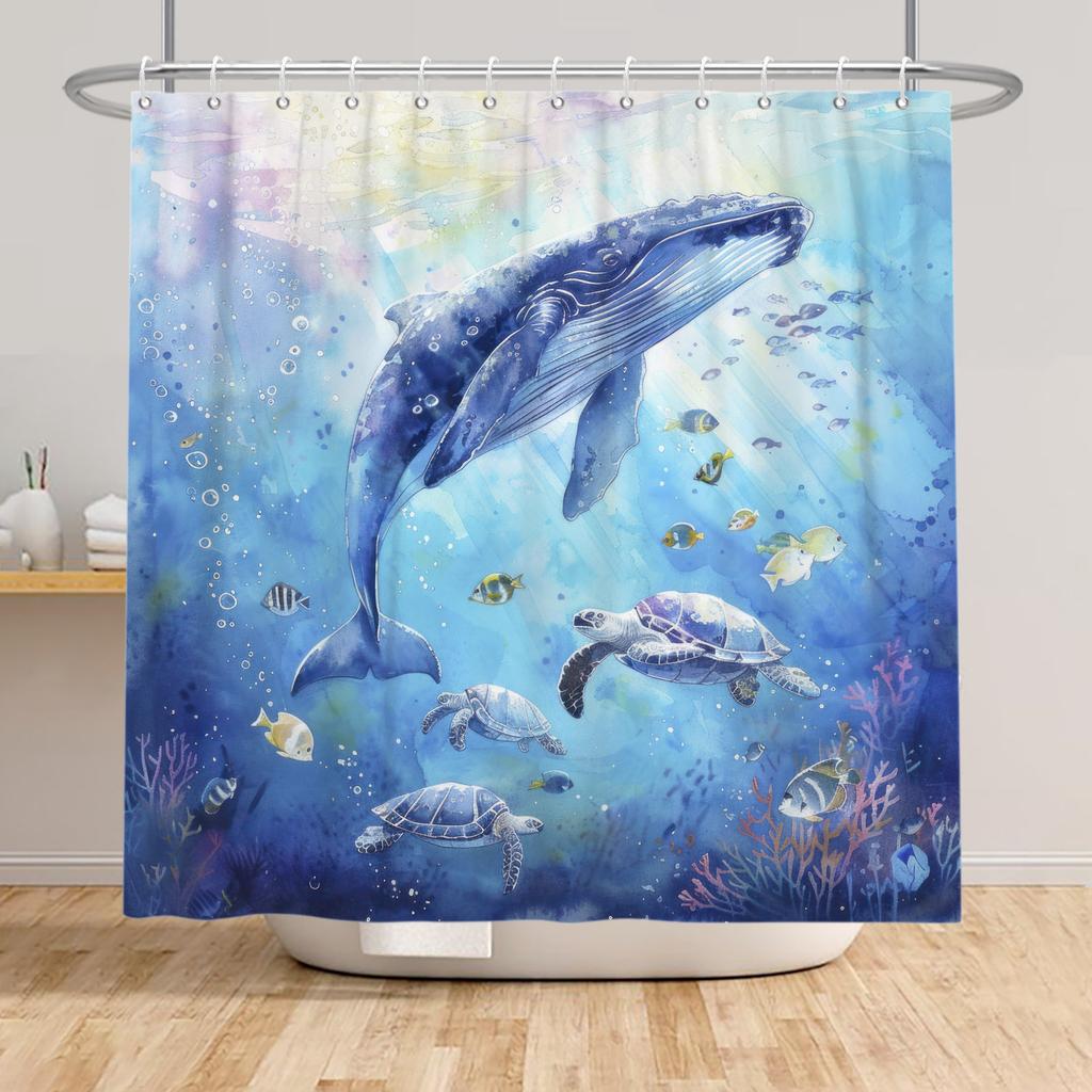 Ocean Theme Shower Curtain Underwater Marine Animal Patterns Sea Turtle Dolphin Whale Jellyfish Print Waterproof Bathroom Decor