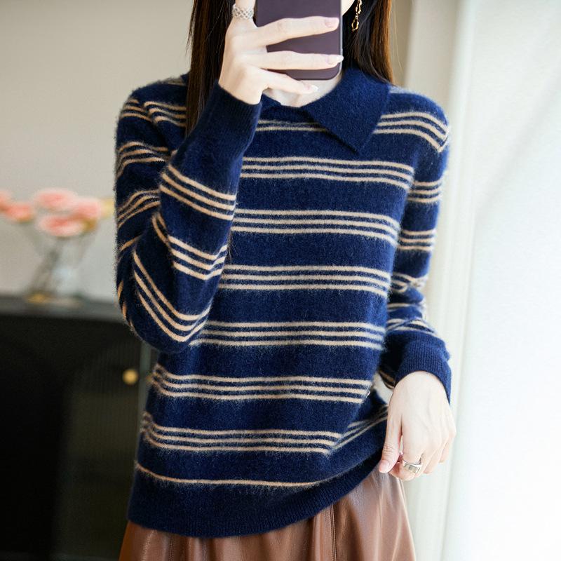 Women's 100% Pure Wool Striped Lapel Sweater - Autumn/Winter Loose Fit Knitwear