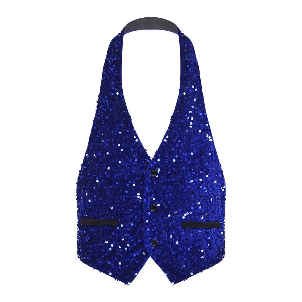 Gilet da uomo con paillettes e velluto, con scollo all'americana, schiena scoperta, scollo a V, chiusura a bottoni, taglie M-4XL per Festa da Ballo, Cocktail, Ballo di Fine Anno