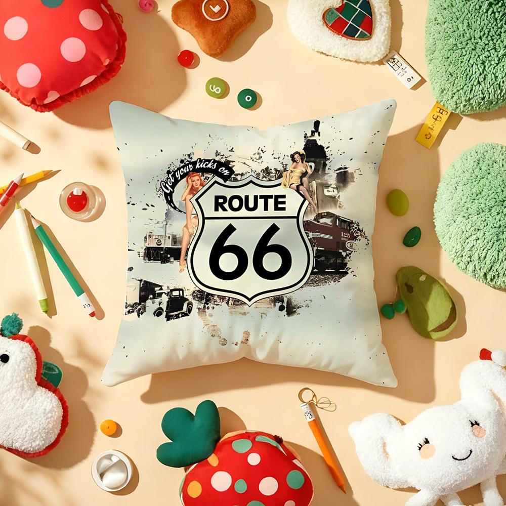 Classic Route 66 Retro Cushion Cover Plush Fabric Soft Double-Sided Printed Sofa Warm Winter Home Gift Pillow Cover