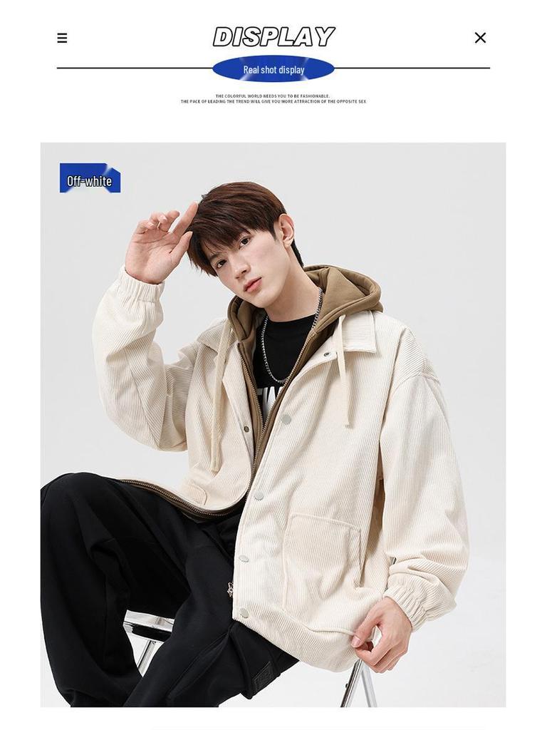 Japanese Trendy Corduroy Hooded Jacket with Fleece Lining: Autumn/Winter Hong Kong Style for Men