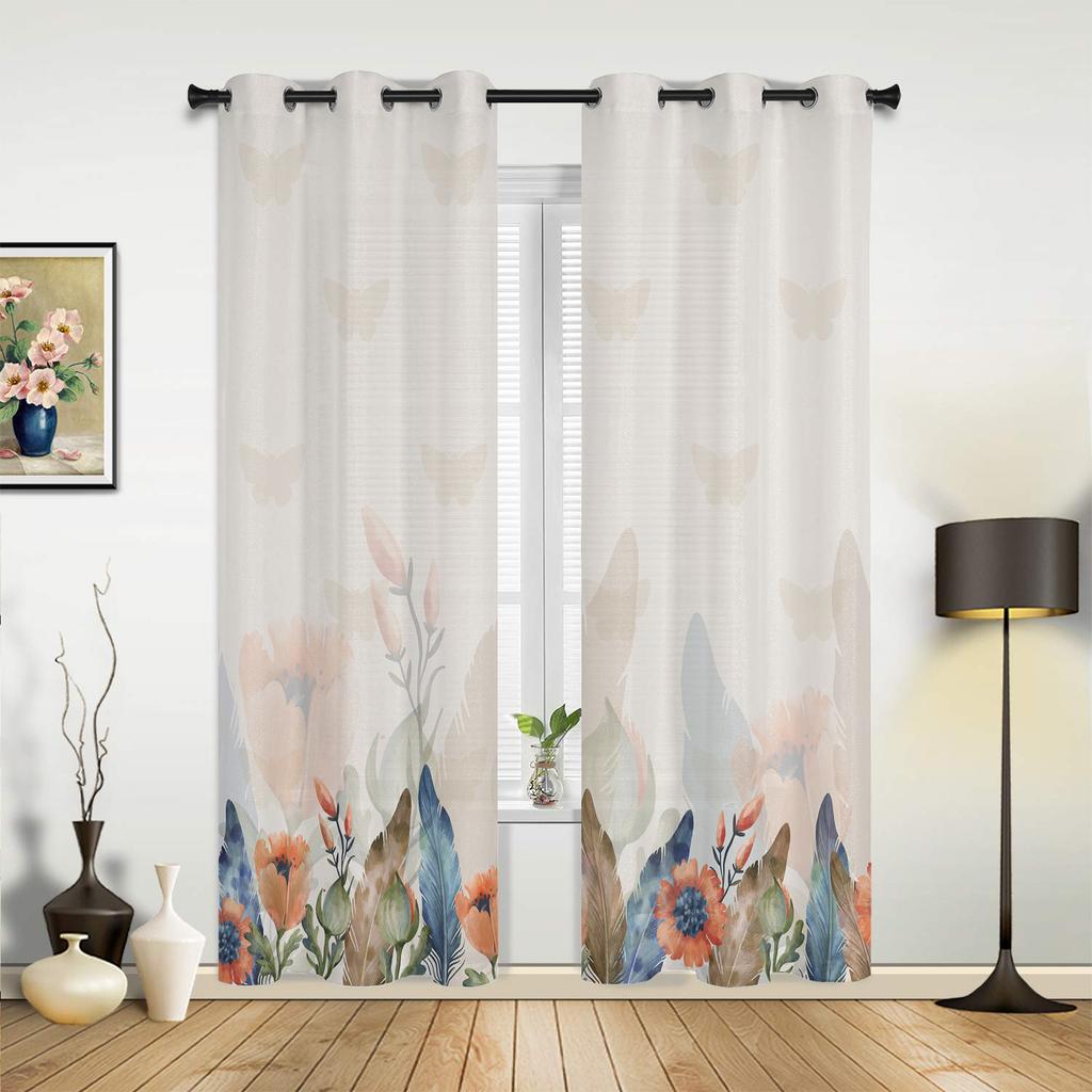 Bedroom Kitchen Curtain Autumn Flower Feather Butterfly Window Curtains Curtains for Living Room Decorative Items