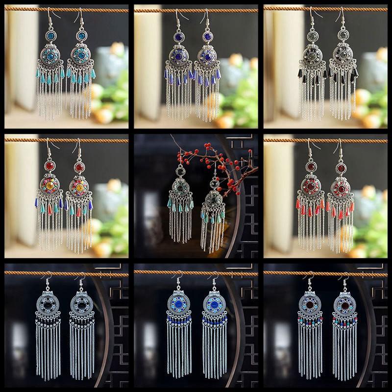 Exotic Style Round Compass Long Chinese Style Earrings Women'S Retro Fringed Temperament Earrings