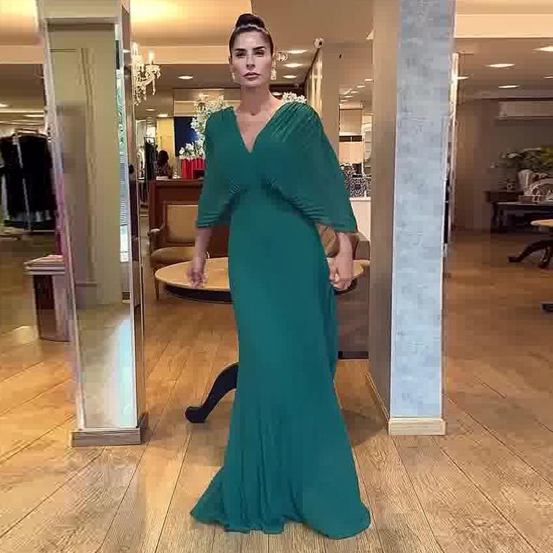 

2023 Осіннє Європейське та Американське Плаття з V-подібним вирізом, рукавами «летюча миша» та високою талією XL зелений