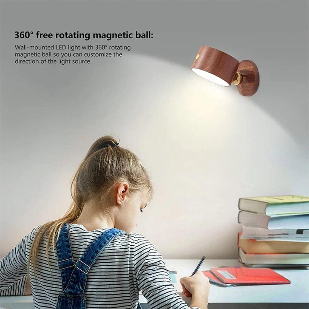 360° Rotating Wooden Wall Mounted Lamp Dimmable Touch Control LED Wall Sconce Magnetic Mountin Double-sided Magnetic Night Light
