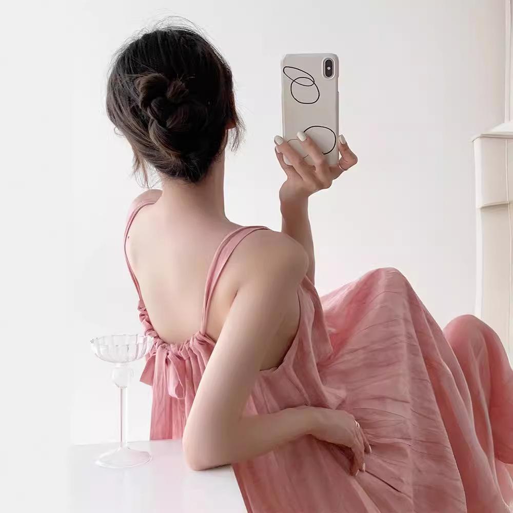 Dopamin-Pink Fleckenkleid Damen Sommer Show Dünnes Temperament Großer Schwingrock Ärmellos Strand langes Kleid Urlaub Trägerrock