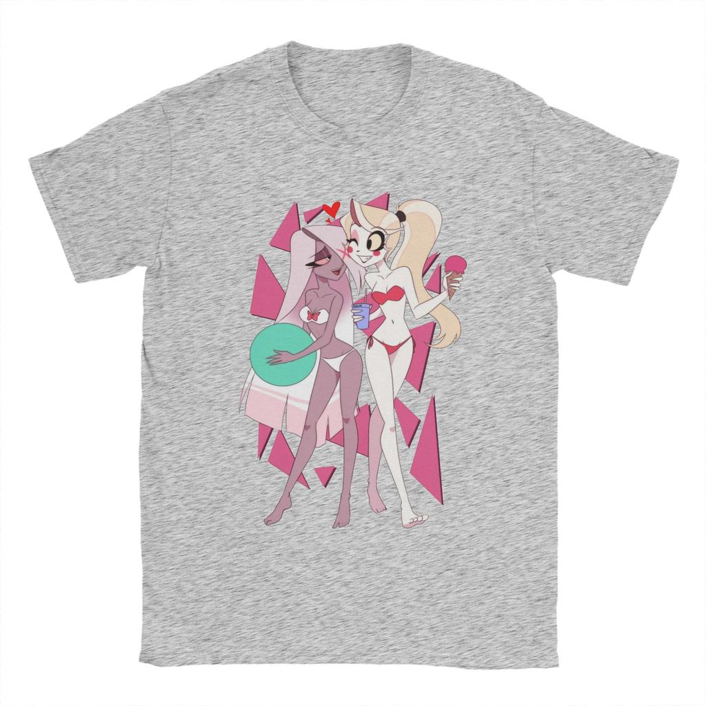 Charlie and Vaggie Bikini Hazbins Hotels T-Shirts for Men Vintage Pure Cotton Tees Round Collar Short Sleeve T Shirts Clothing