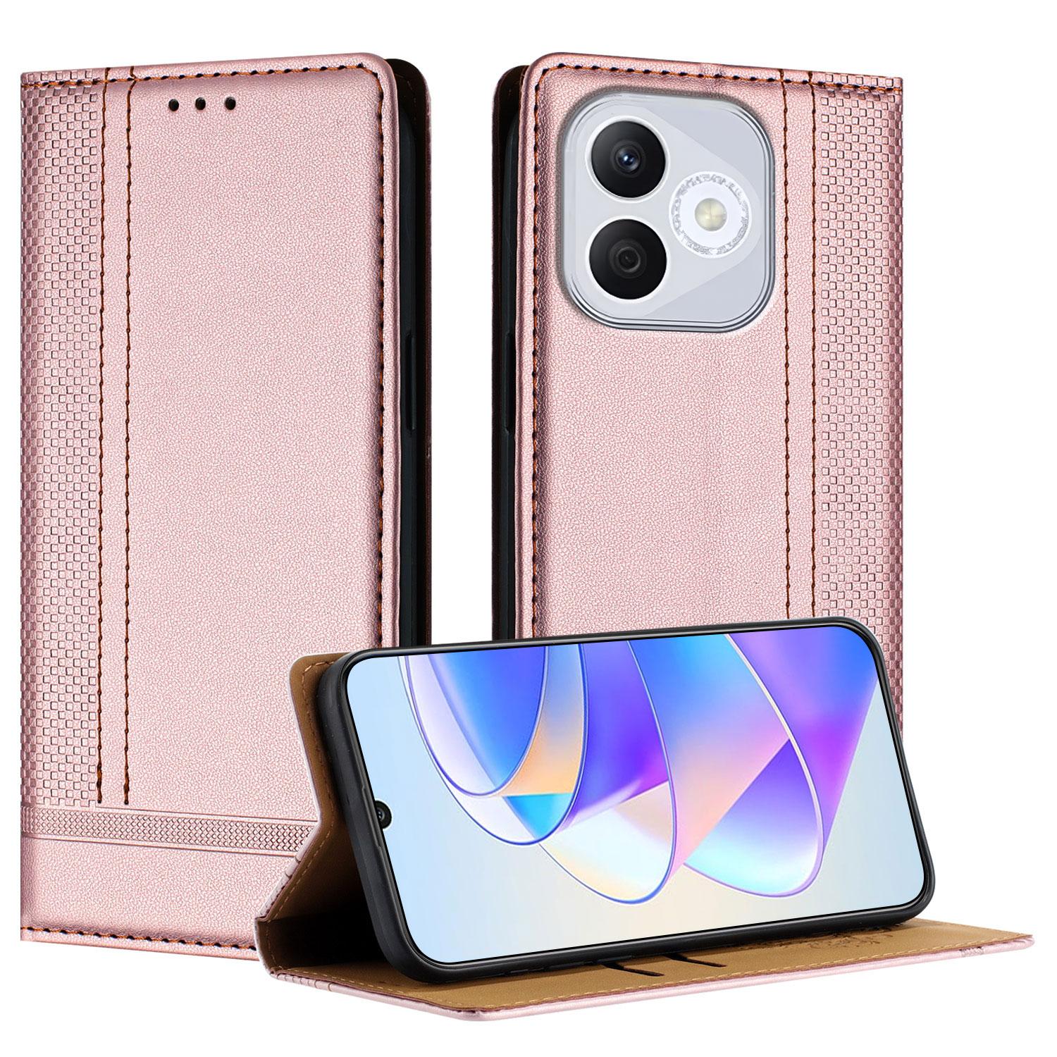 

For Honor 400 Lite Case L-Shaped Grid Pattern Leather Stand Phone Cover with Card Slots Rose Gold