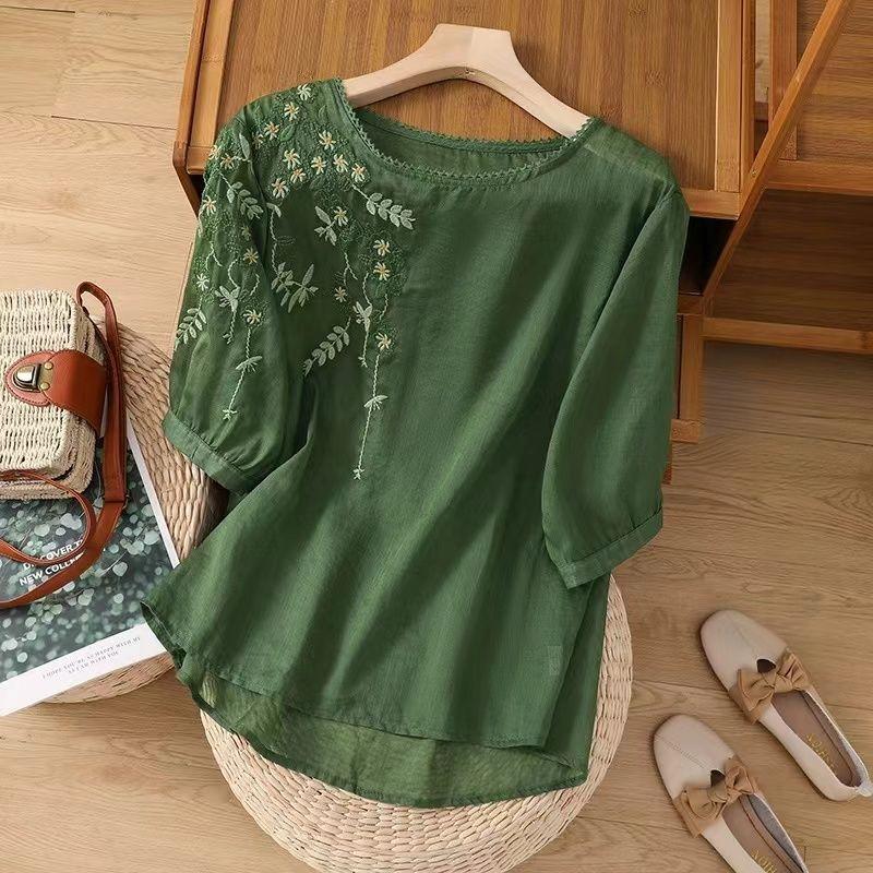 Summer New Thin Crew Neck Shirt Embroidered Literary and Thin Retro Loose Short-sleeved T-shirt