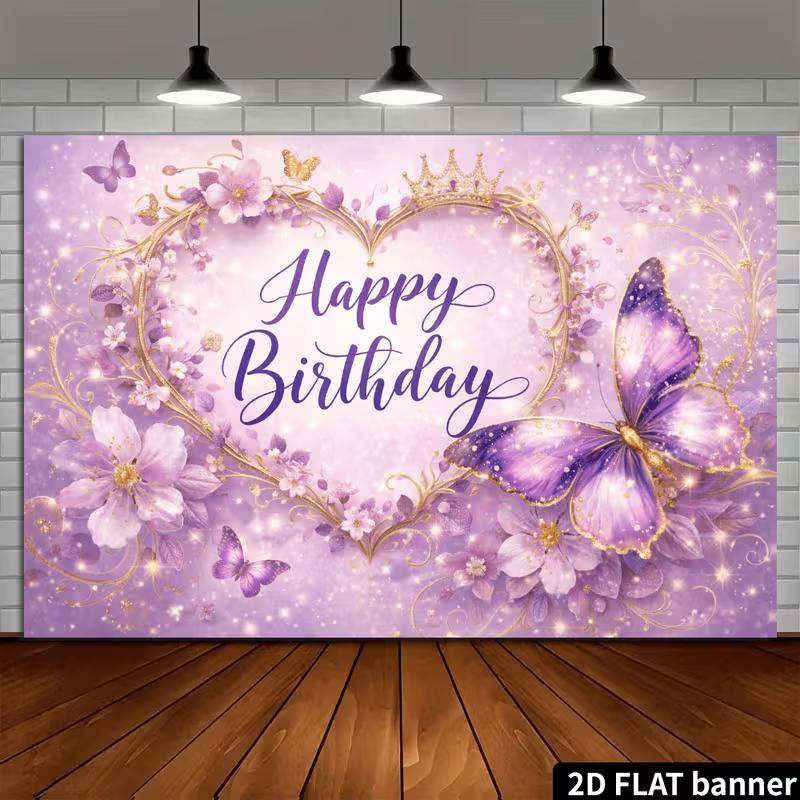 2D Princess Themed Purple Happy Birthday Backdrop Banner Party Decoration