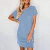 Summer Casual Mini Dress Loose Striped Texture Solid Color Short Sleeves Round Neck with Chest Pocket Lady Daily Dress