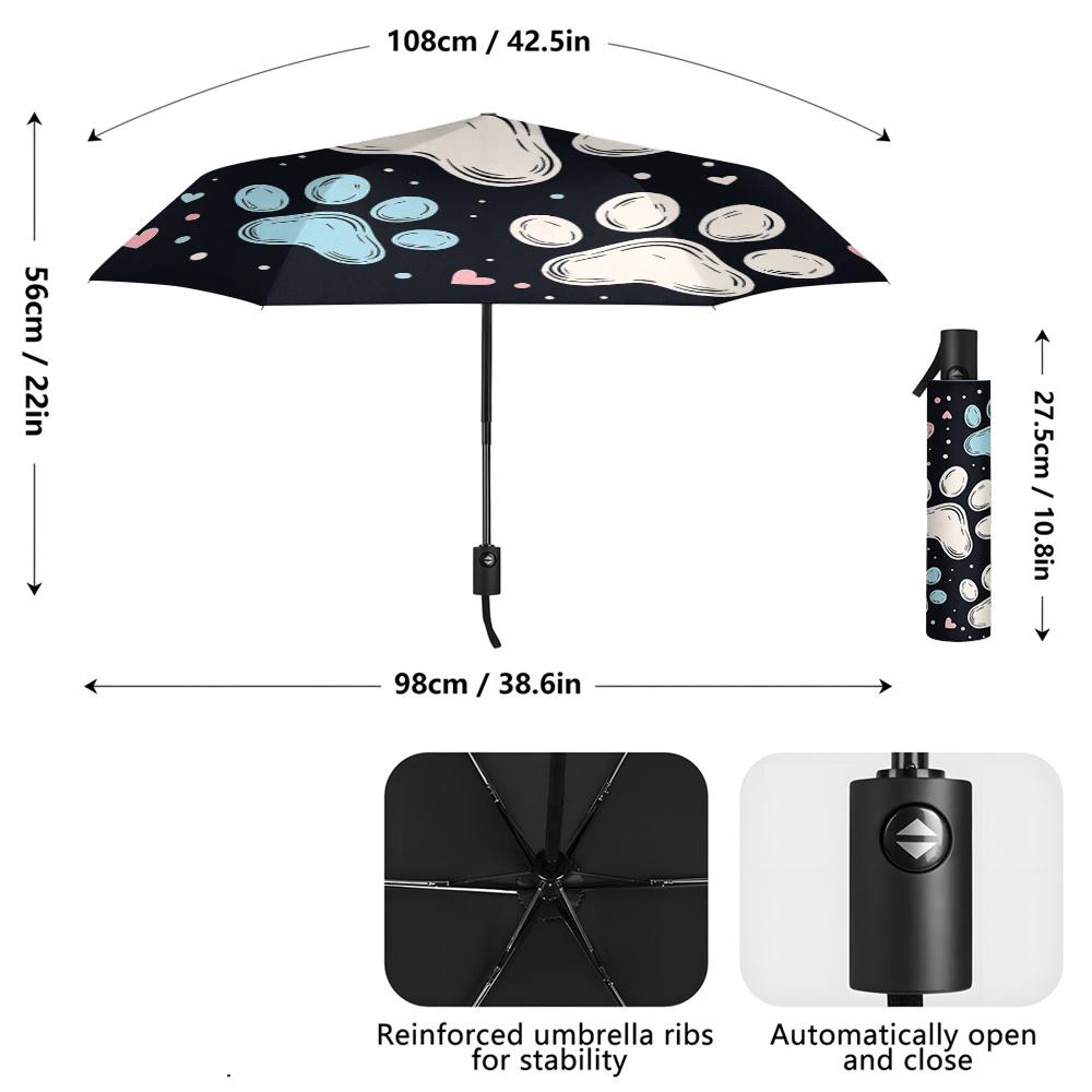 Cute Dog Paw Print Umbrella - Automatic Open/Close, 8-Rib Sturdy Frame, Durable & Vibrant Paw Design with Hearts & Paw Prints,