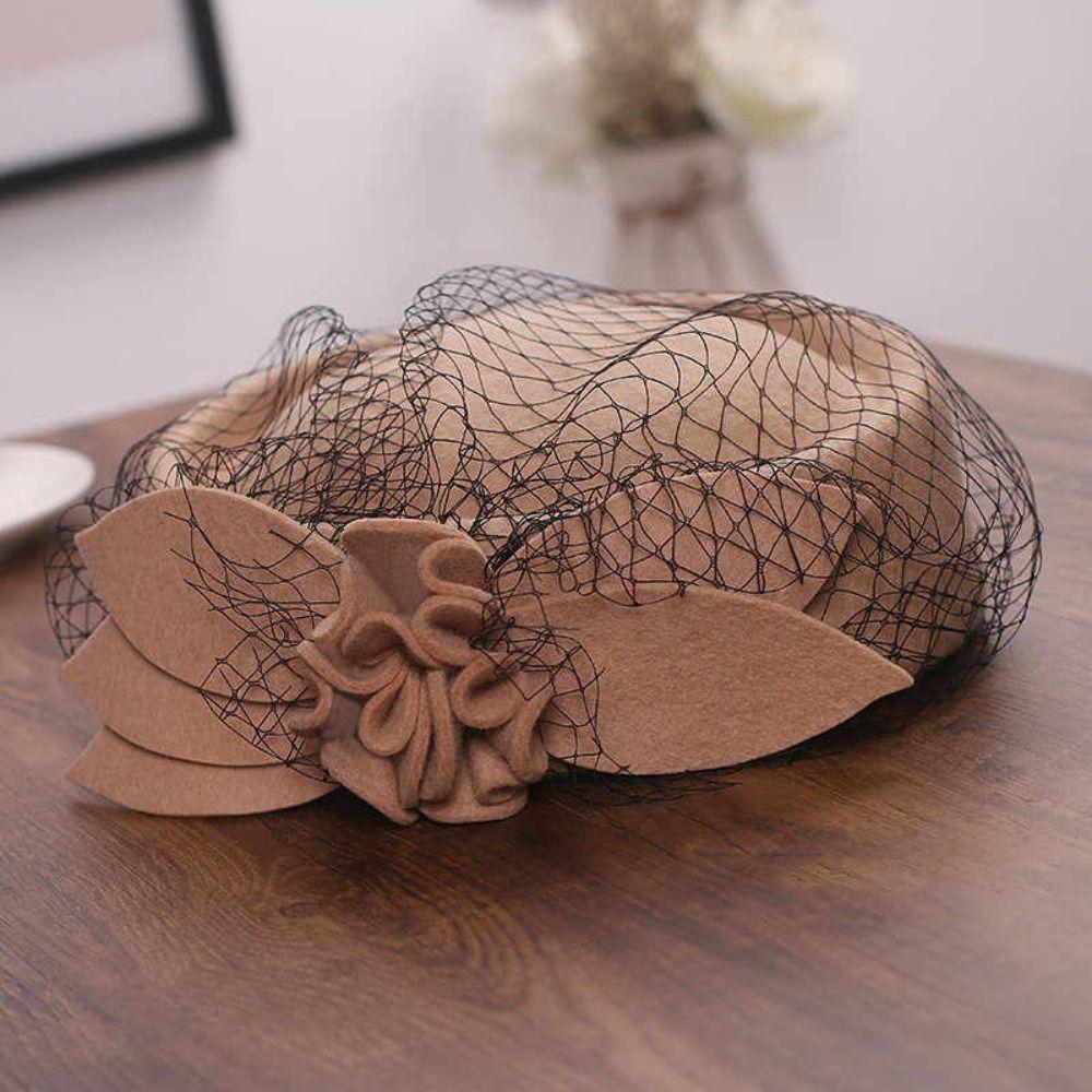 Flower Mesh Topper Hat Solid Color Woolen Beret Woolen Top Hat Formal Hat Performances